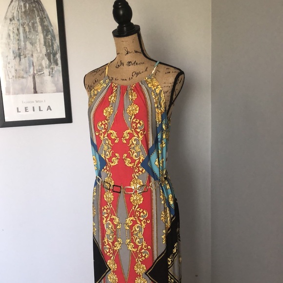 Roz & Ali Printed Maxi Dress with attached gold chain belt Sz 4 - Picture 4 of 15
